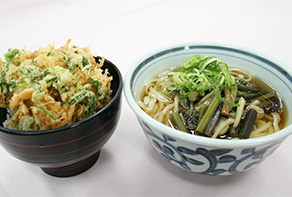 稲庭山菜うどん又は更科山菜そばと桜海老のかき揚げ丼